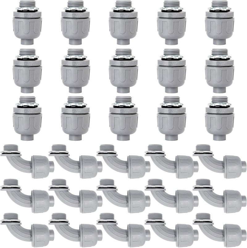 Feotech 30 Pack 1/2 Inch Liquid Tight Connectors - PVC Electrical Conduit Fittings, Straight, 90 and 180 Degree Non-Metallic Flexible Connectors for Home, Bathroom, and Kitchen, Gray - Image 1